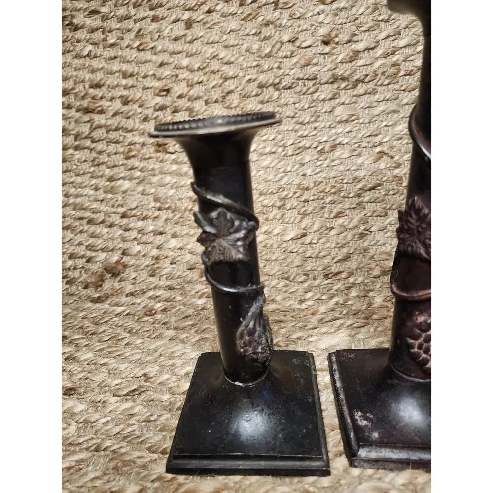 3 Vintage Traditional Italian Cast Iron Bronze Grapevine Candlestick Holders